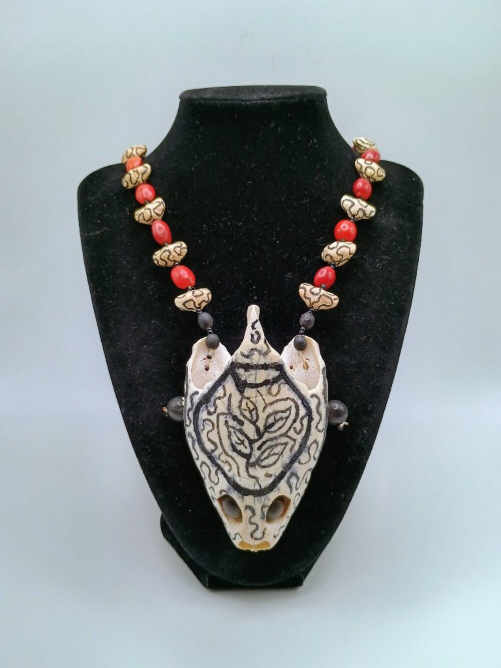Unique Handmade Necklace with Huayruro Seeds and Natural Turtle Skull Pendant